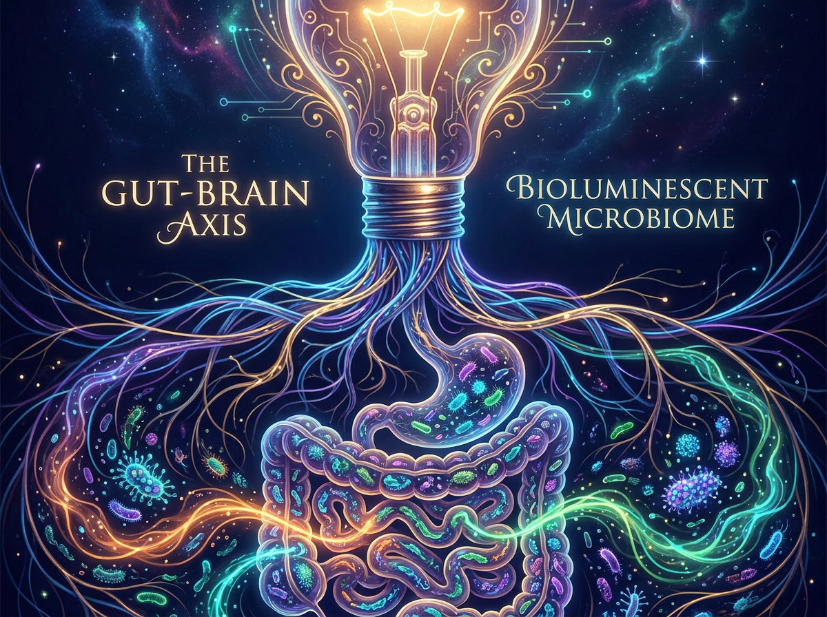 Gut-brain axis diagram showing the brain as a lightbulb connected to the digestive system