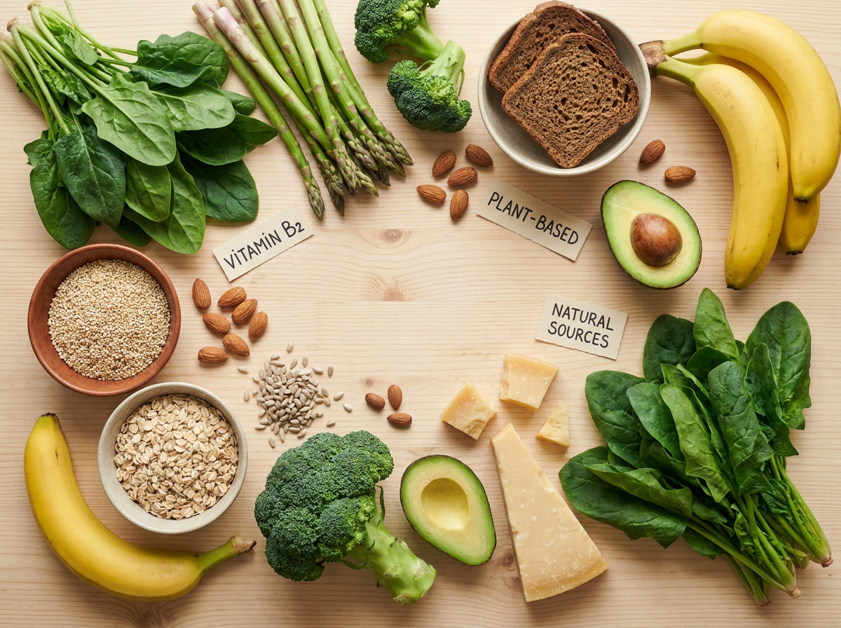 A flat lay of vitamin B2-rich food sources including spinach, asparagus, broccoli, avocado, banana, quinoa, oats, whole grain bread, almonds, sunflower seeds, and aged hard cheese arranged on a white marble surface.
