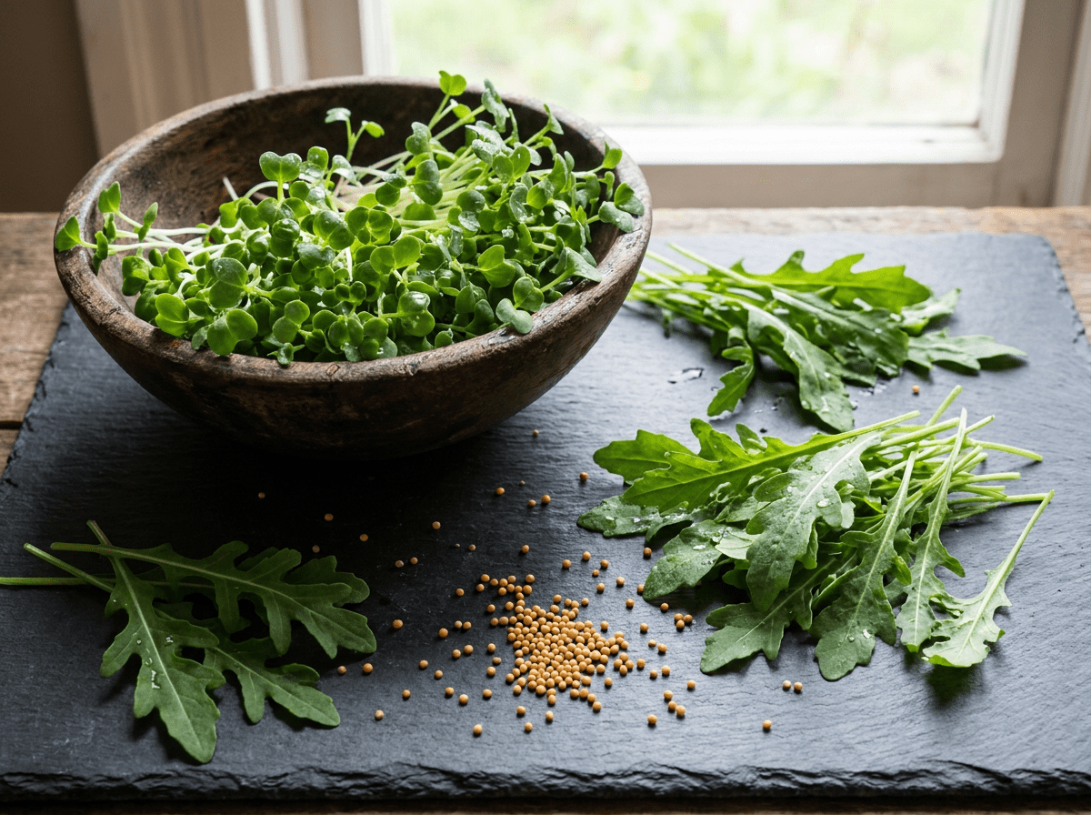 Broccoli sprouts with arugula and mustard seeds — anti-cancerous food combination by TCMChef Raphael
