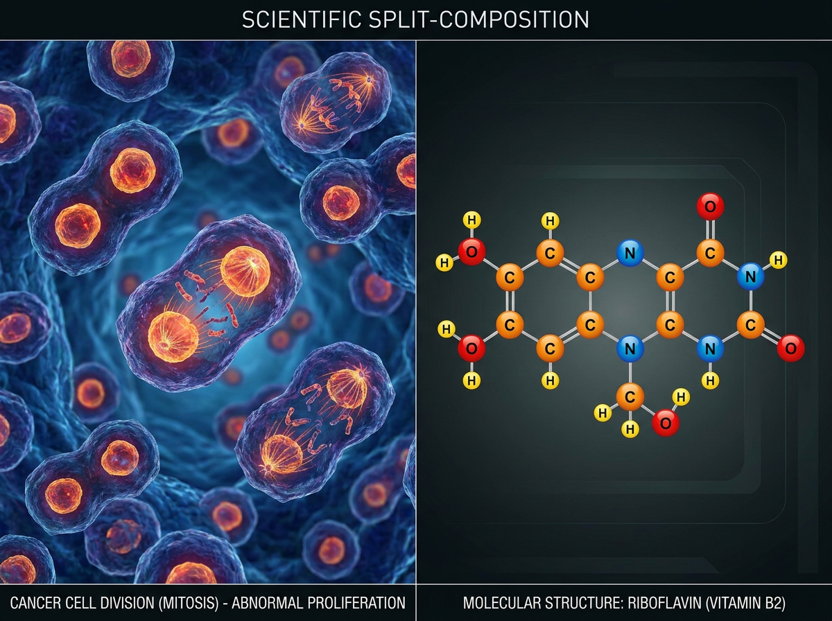 Split scientific illustration showing abnormal cancer cell division under a microscope on the left, and the 3D molecular structure of Riboflavin (Vitamin B2) on the right.