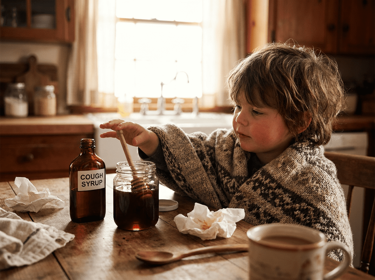 Child reaching for buckwheat honey next to cough syrup — natural remedy for cough